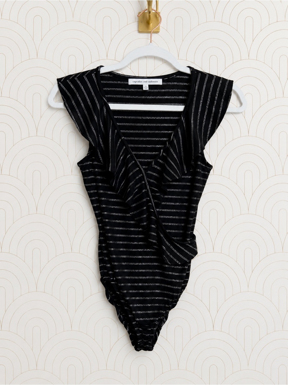 cupcakes & cashmere Black with Silver-Striped Ruffle Bodysuit